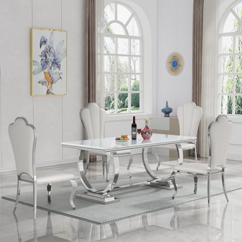 Goujxcy White Marble Dining Table Set for 6, Luxury Silver Kitchen Table and Chairs Set of 6