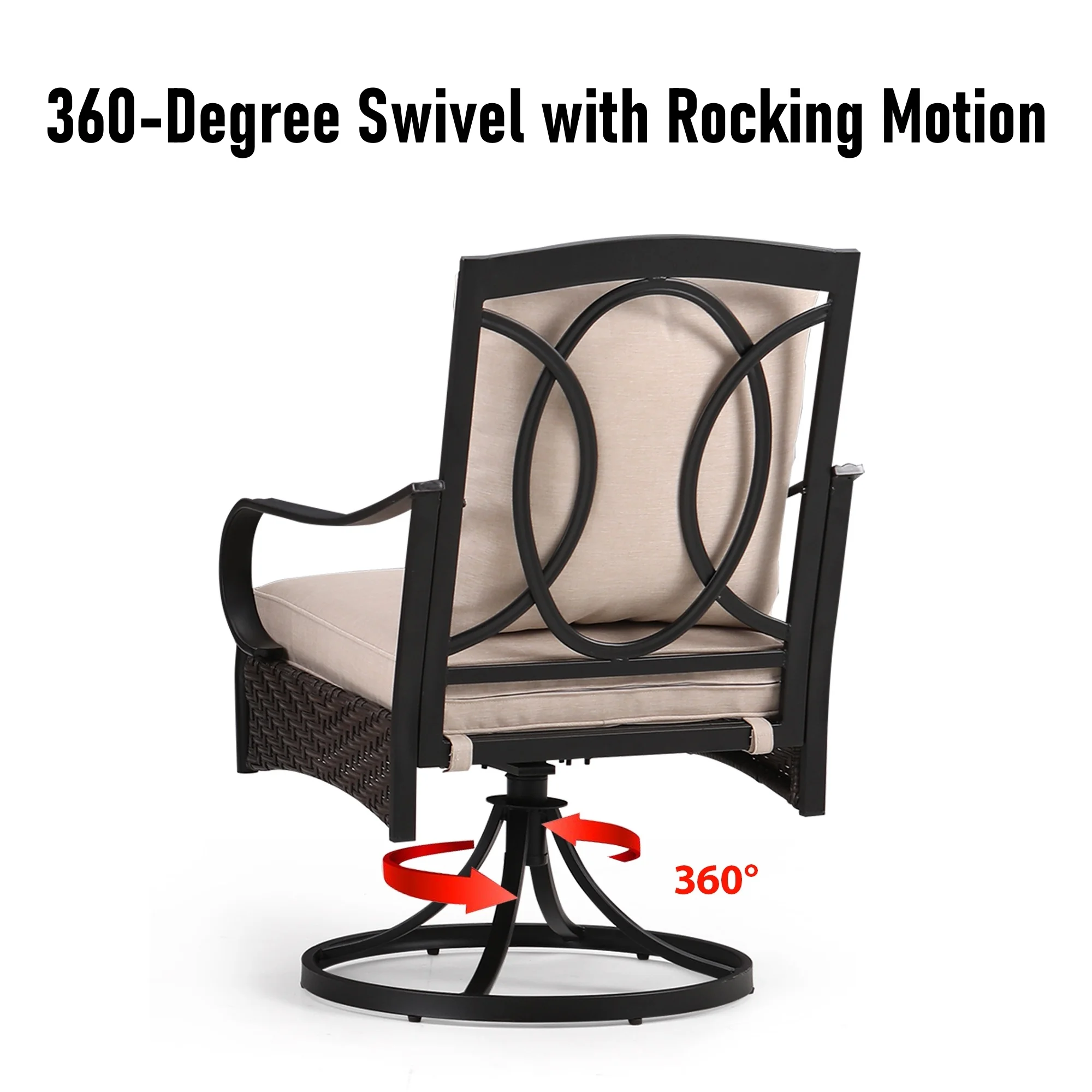 MF Studio 5-Piece Patio Conversation Set with 4 Swivel Wicker Cushioned Chairs & Fire Pit Table, 50,000 BTU, Black & Beige