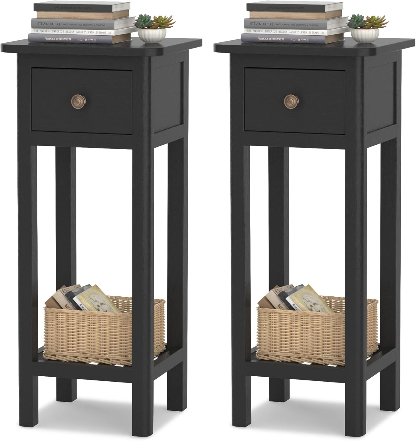 GORELAX Narrow End Table, Tall Nightstands Set of 2 with Drawer & Shelf, Slim Bedside Tables w/Anti-Tipping Device, No Assembly