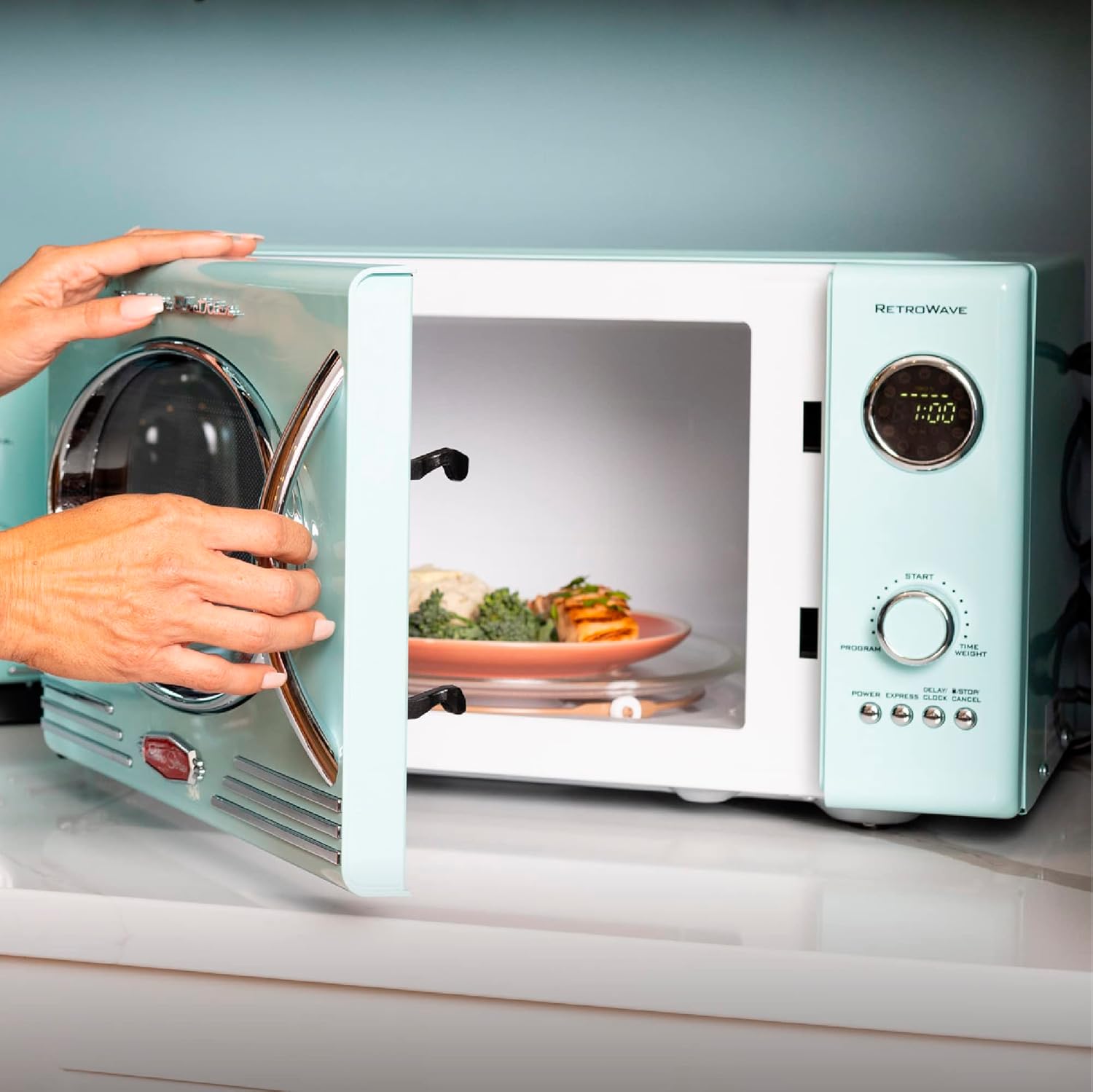 Nostalgia Retro Countertop Microwave Oven, 0.9 Cu. Ft. 800-Watts with LED Digital Display, Child Lock, Cu.Ft, Aqua & Keurig K-Mini Coffee Maker