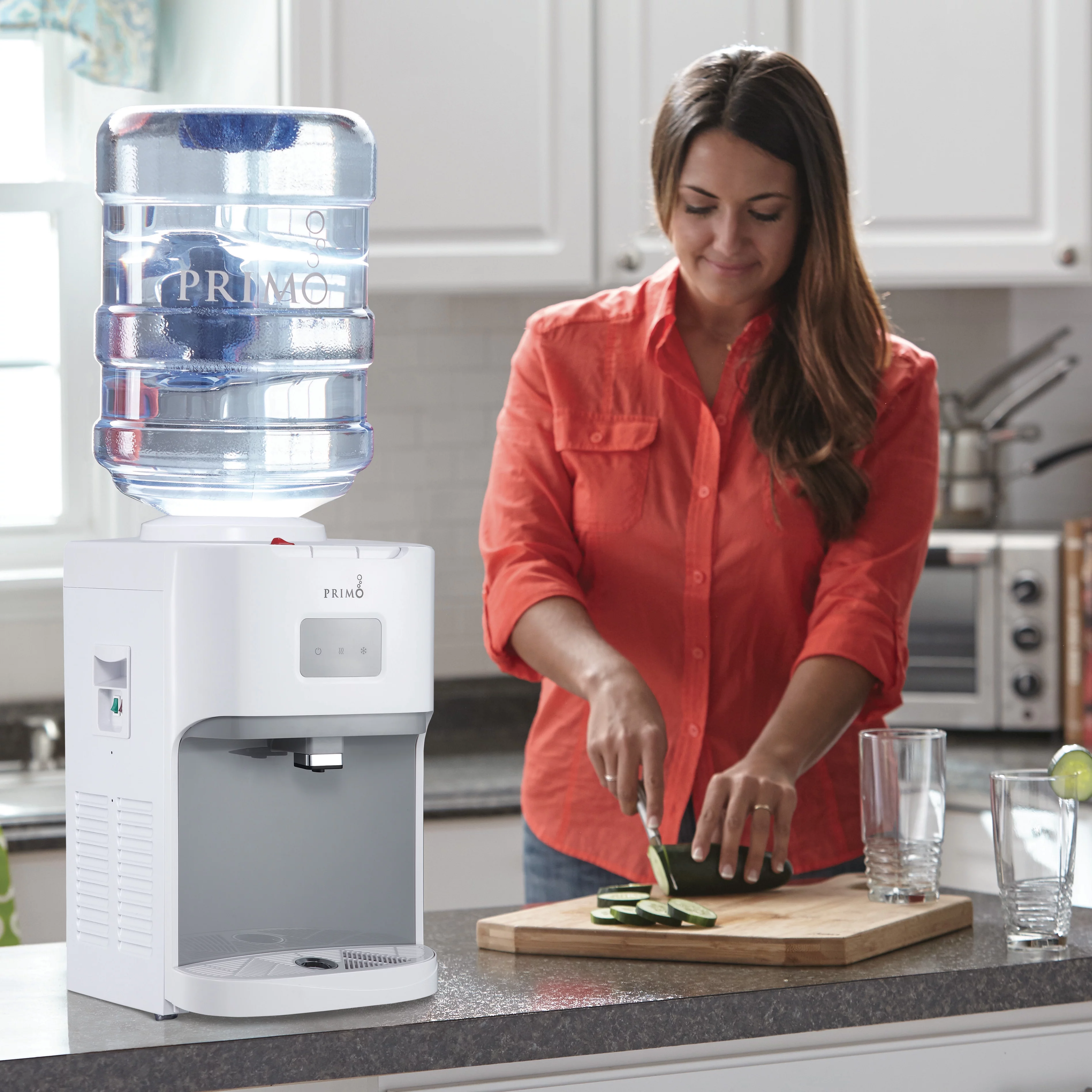 Primo Deluxe Countertop Water Dispenser Top Loading, Hot/Cold/Room Temp, White