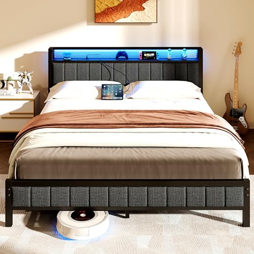 Queen Bed Frame with Storage Headboard and Footboard, Metal Platform Upholstered Bed Frame Queen Size with Charging Station