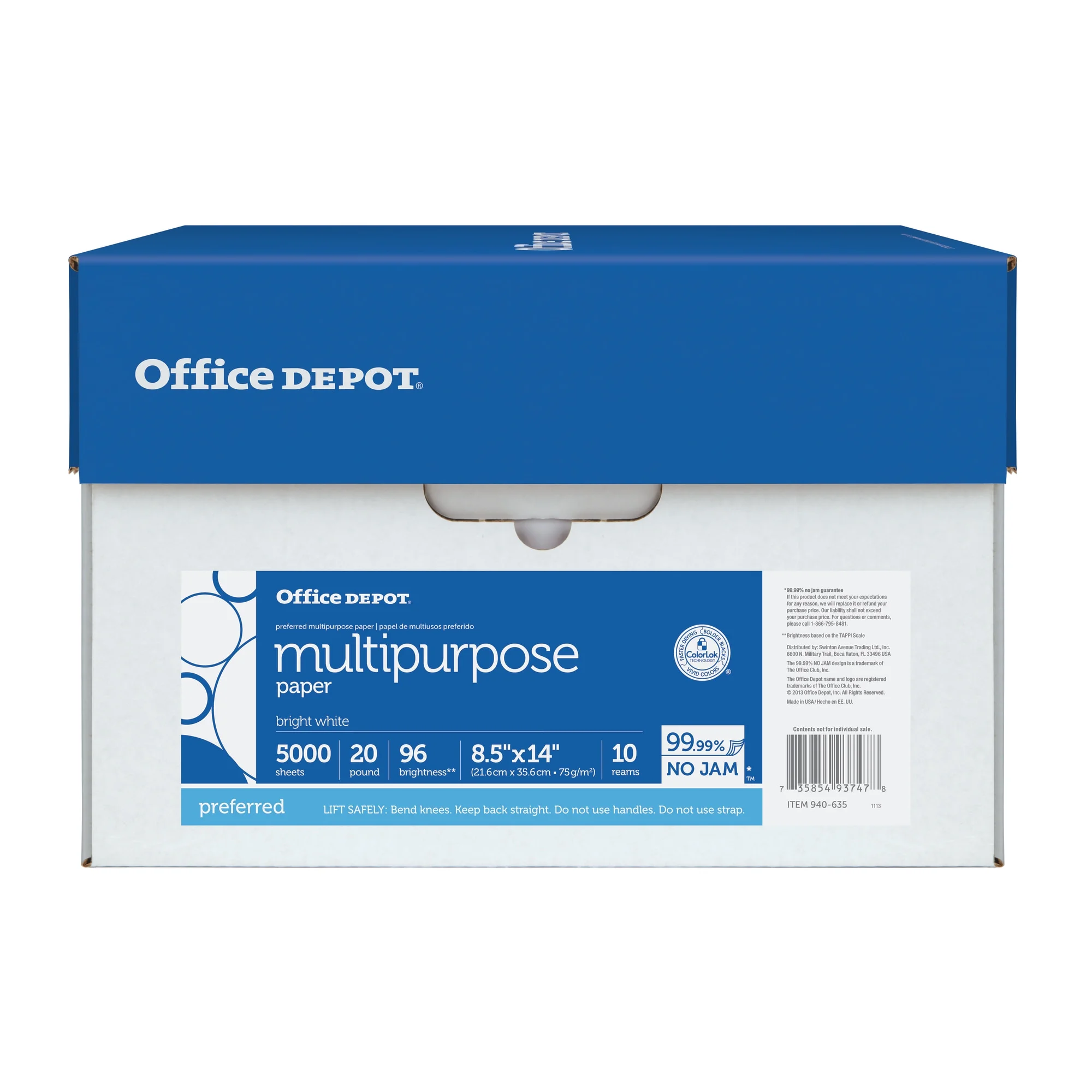 Office Depot® Multi-Use Printer & Copy Paper, White, Legal (8.5" x 14"), 5000 Sheets Per Case, 20 Lb, 96 Brightness