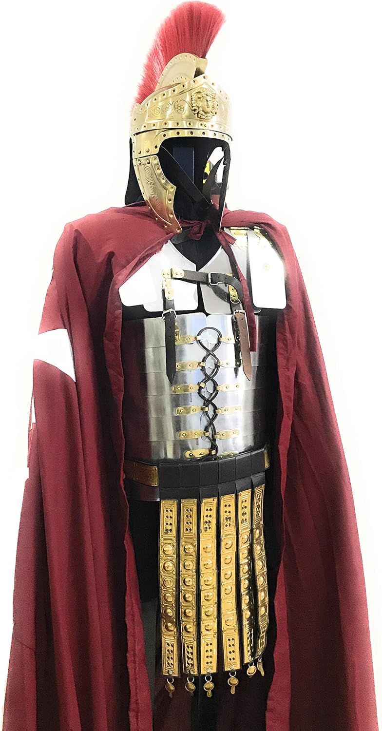 NauticalMart Roman Lorica Segmentata Armor with Attached Roman Cingulum Belt, Cloak and Roman Helmet Halloween Functional Complete Outfit