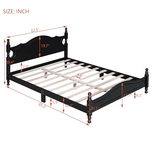 Retro Queen Bed Frame Wood Platform Bed with Headboard and Wooden Slat Support No Box Spring Needed (Black)