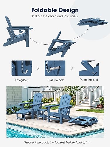KINGYES Folding Adjustable Adirondack Chair with Retractable Ottoman Set of 4, HDPE All Weather Chair with Cup Holder