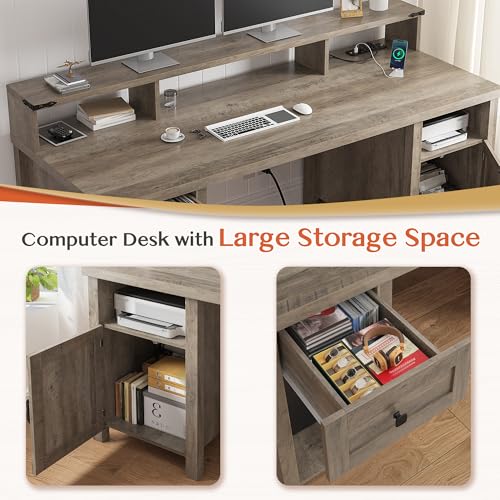 EnHomee Farmhouse Office Desk with Drawer & Power Outlets, Wood Computer Desk Monitor Stand for Bedchamber Study