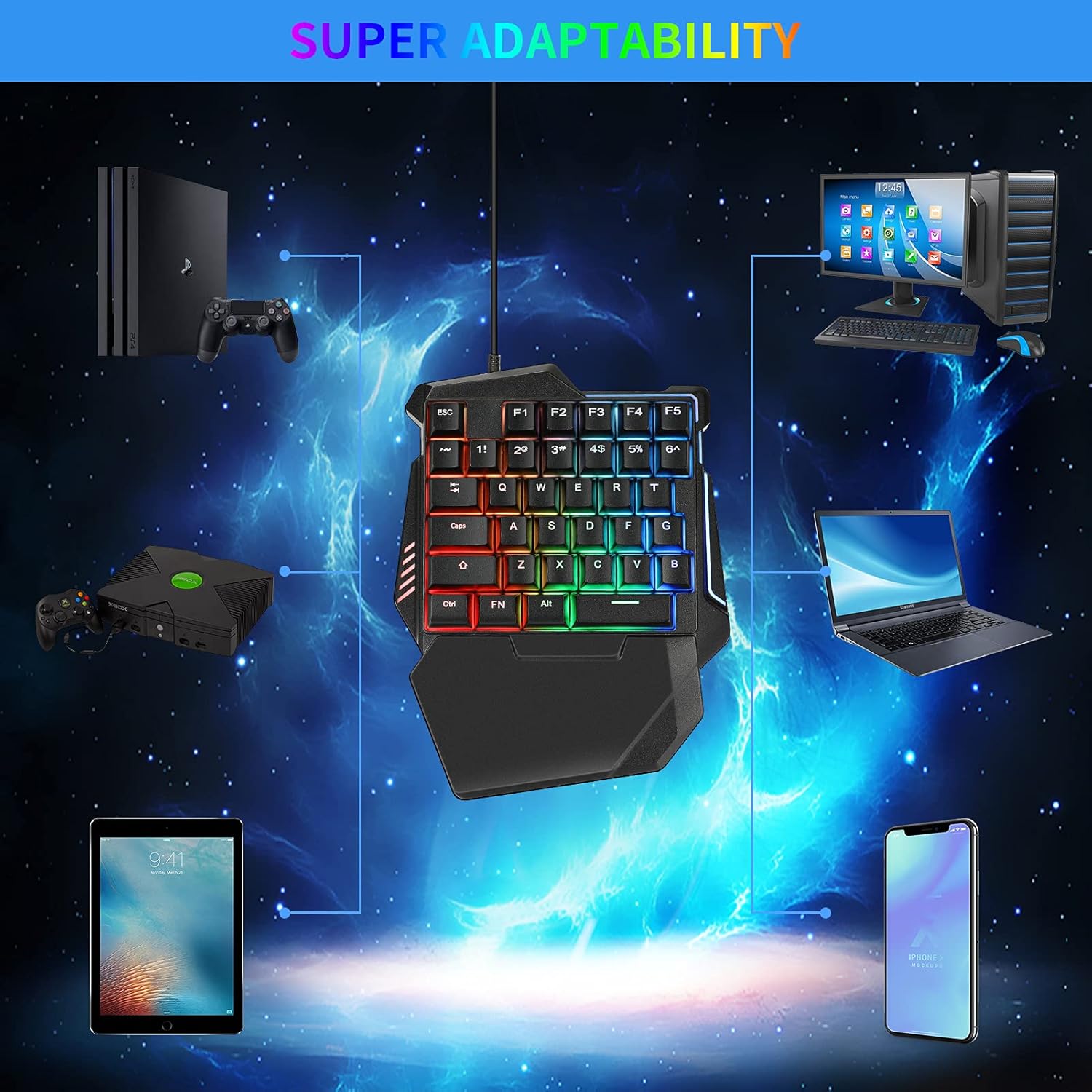 One Hand Gaming Keyboard and Mouse Combo, Laelr 35 Keys PUBG Keycap Version Wired Mechanical RGB LED Backlit Half Keyboard, Support Wrist Rest