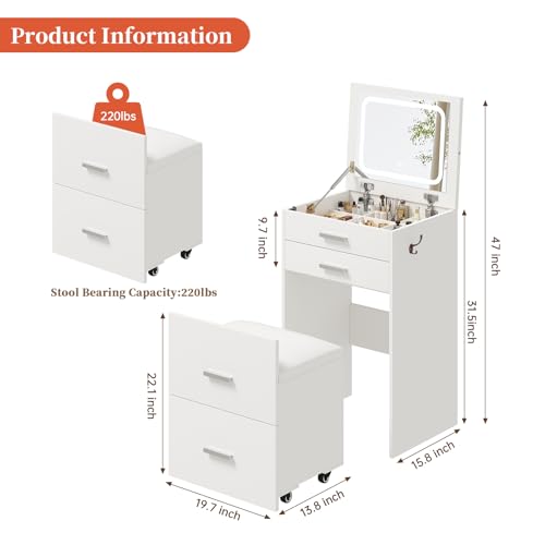 Compact Vanity with 3 Drawers, 3 in 1 Vanity Desk, Makeup Desk with Flip-up 3 Colors Lighting Mirror and Cushioned Stool