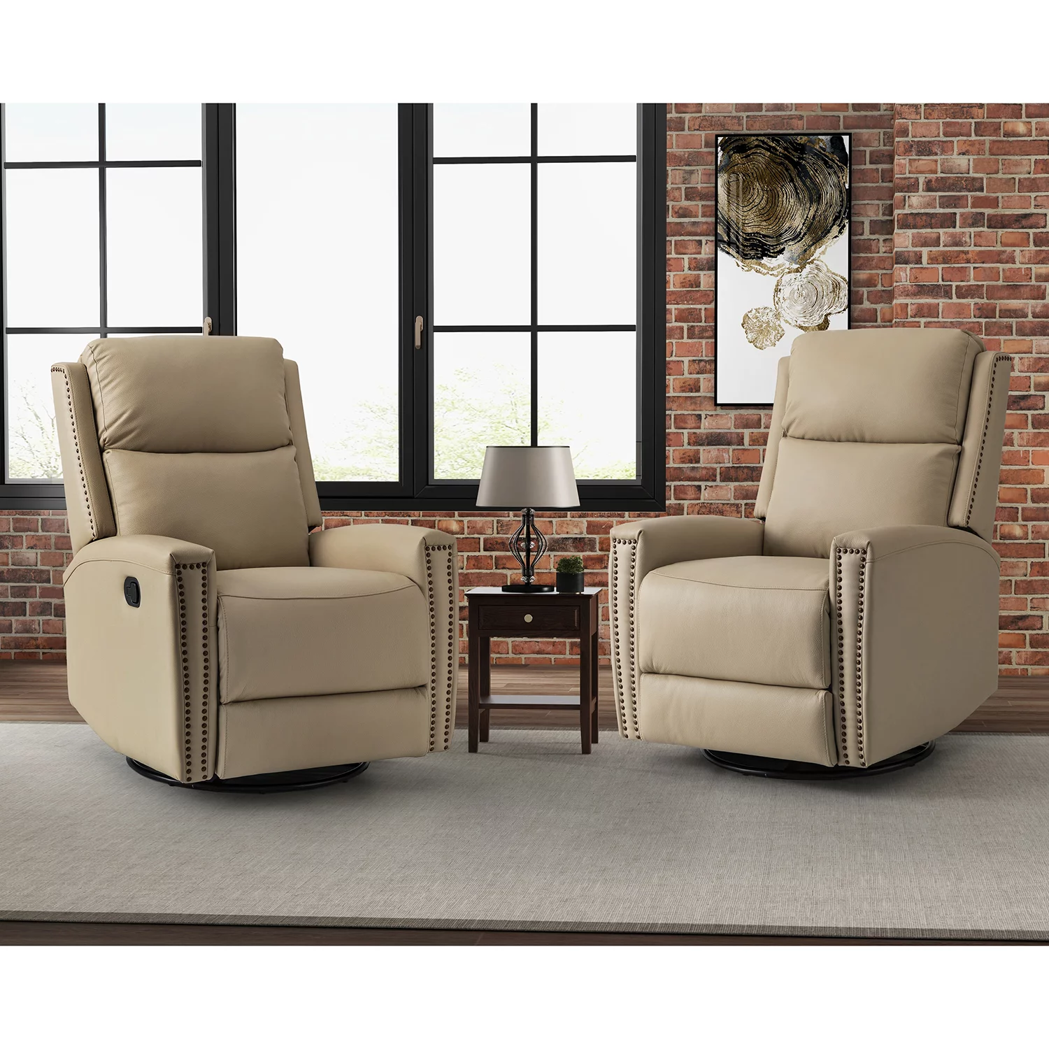 ARTFUL LIVING DESIGN Genuine Leather Swivel Rocker Recliner Set of 2 with Nailhead Trims & Swivel Base, Beige