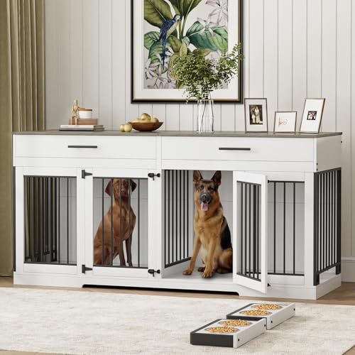 Rophefx 72" Dog Crate Furniture for 2 Dogs, Large Double Dog Kennel Indoor Furniture with 2 Storage Drawers and Removable Divider