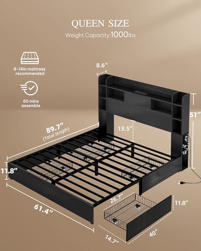 YITAHOME Queen Bed Frame with Bookcase Headboard and 4 Storage Drawers, RGB LED Bed Frame with Type-C & USB Charging Station Storage Headboard Bed