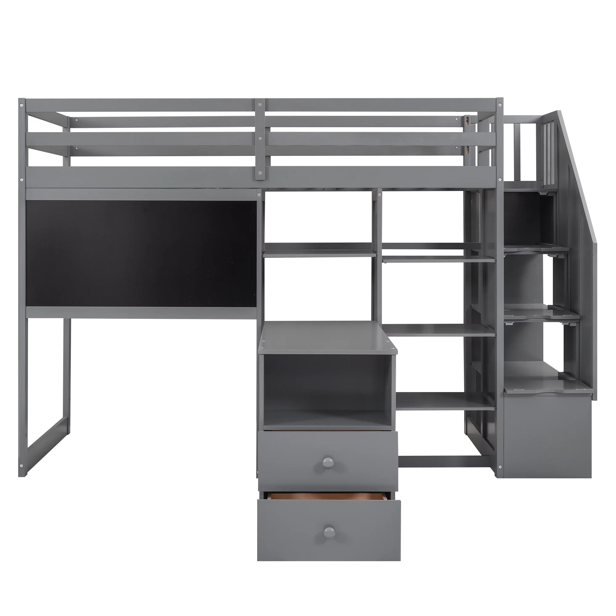 Churanty Twin Size Loft Bed with Pullable Desk and Storage, Wood Loft Bed with Staircase and Blackboard for Kids Teens Adults,Grey