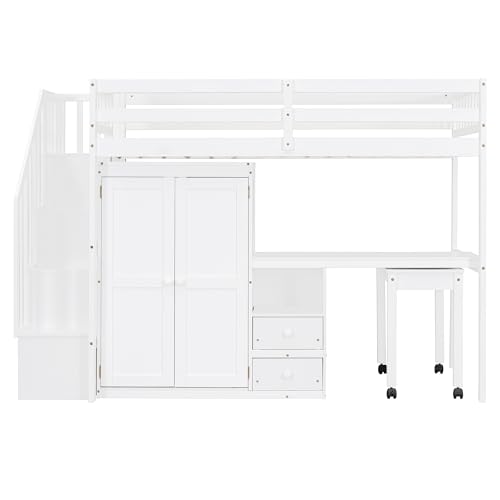 Harper & Bright Designs Twin Size Loft Bed with Stairs and Bookshelf, Wood Twin Storage Bed with Desk & Wardrobe