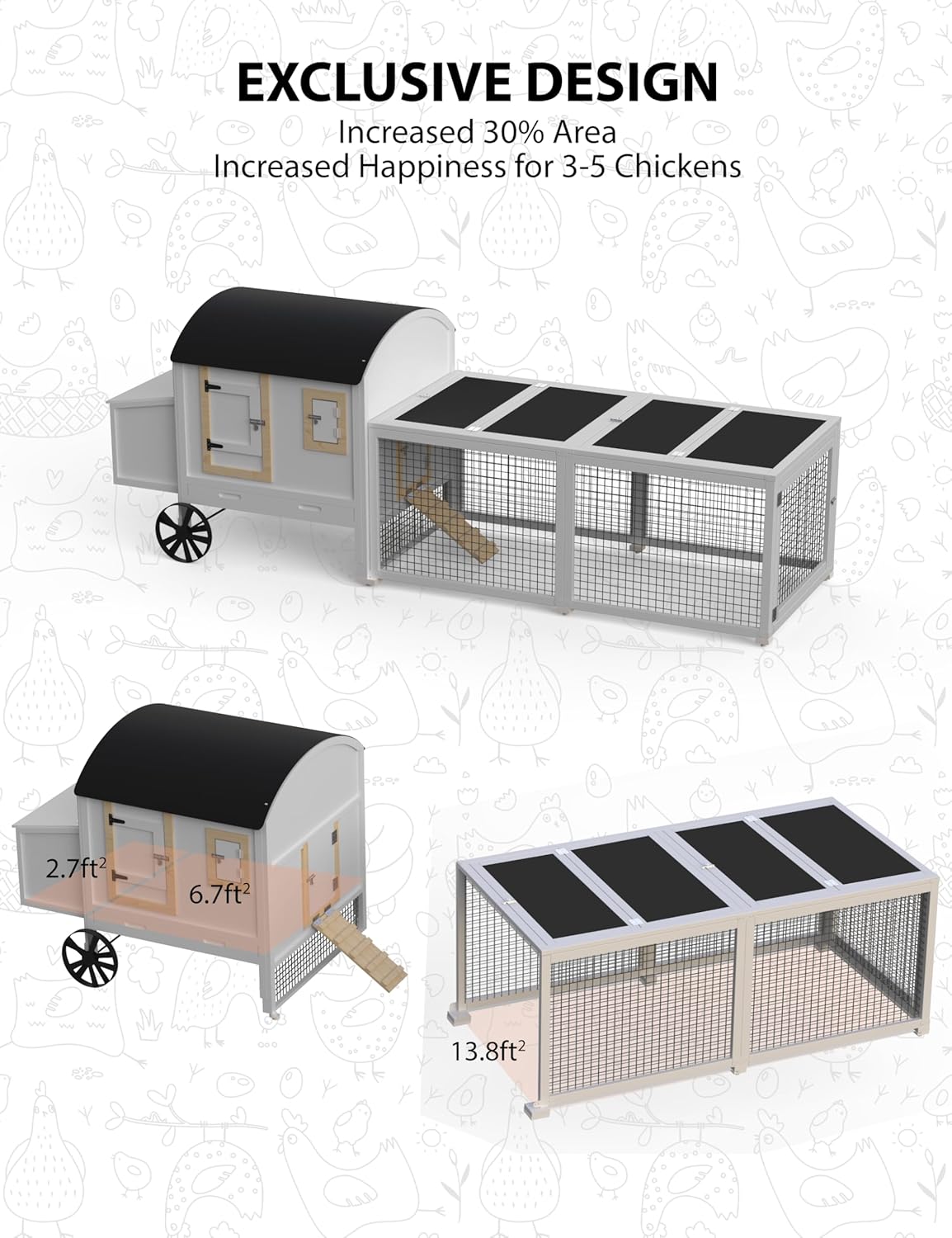 Chicken Coop, Outdoor Chicken Coop for 3-5 Chickens, 106in Chicken Coop with Run, Wooden Chicken Coop with Waterproof Roof, Nesting Box