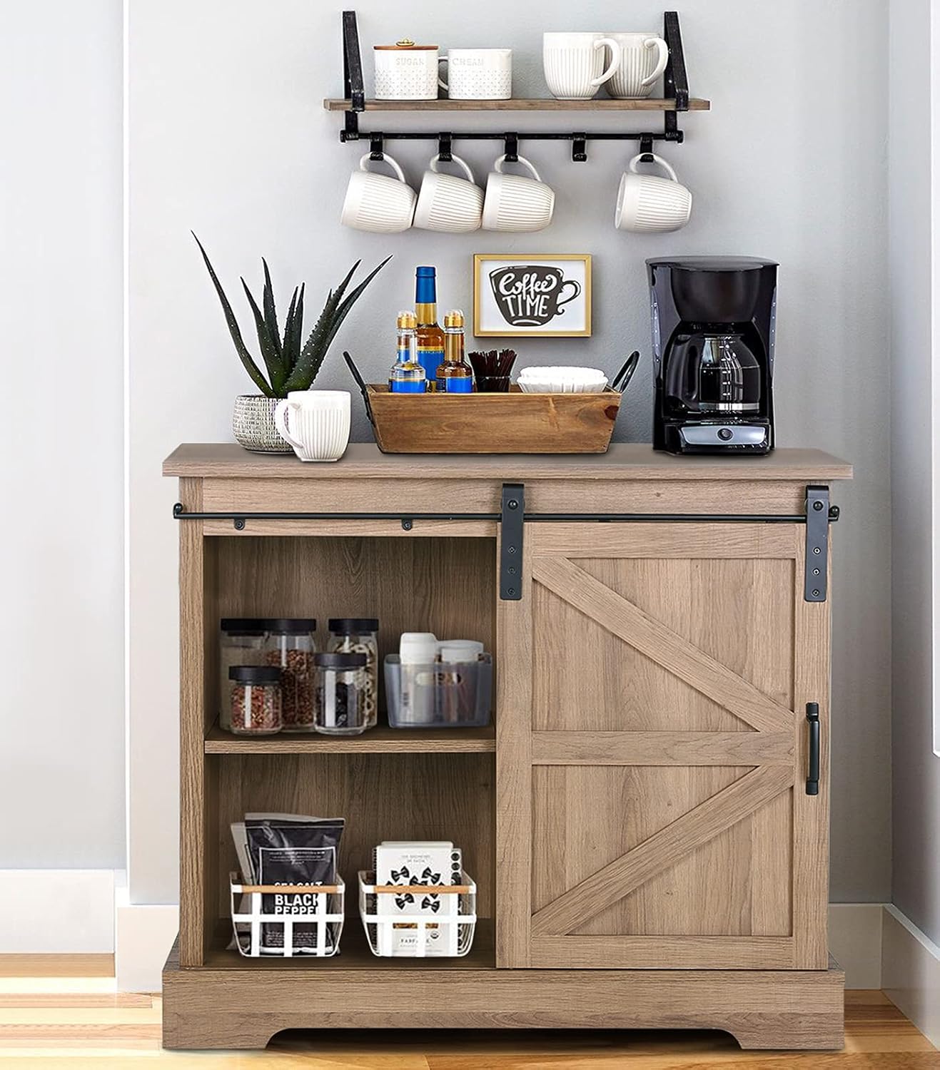 Farmhouse Coffee Bar Cabinet - Sliding Barn Door Kitchen Storage Buffet Cabinet