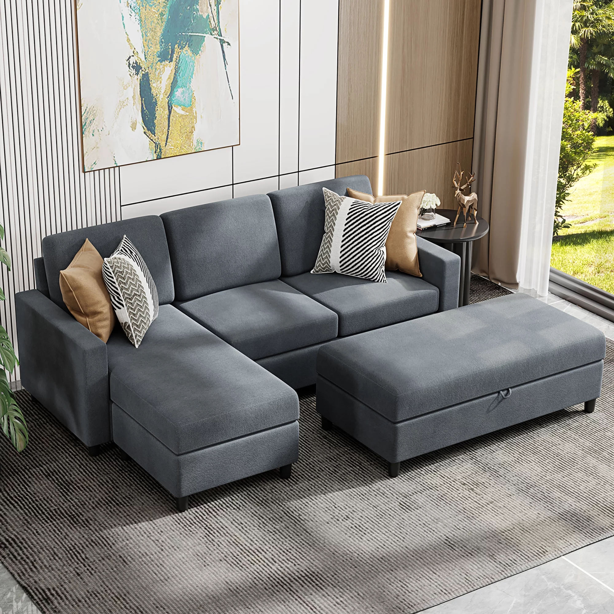 Convertible Sectional Sofa Couch with Storage Ottoman, L-Shaped Wide Reversible Chaise with Linen Fabric(Deep Grey) - Radiant Selections