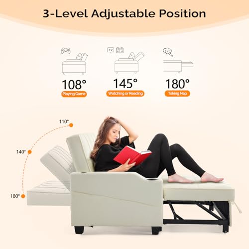 VINGLI Light Green Futon Sofa Bed Convertible Loveseat Sleeper Couch, Faux Leather Pullout Sofa Fold Out Couch Bed with USB Ports, Cup Holders