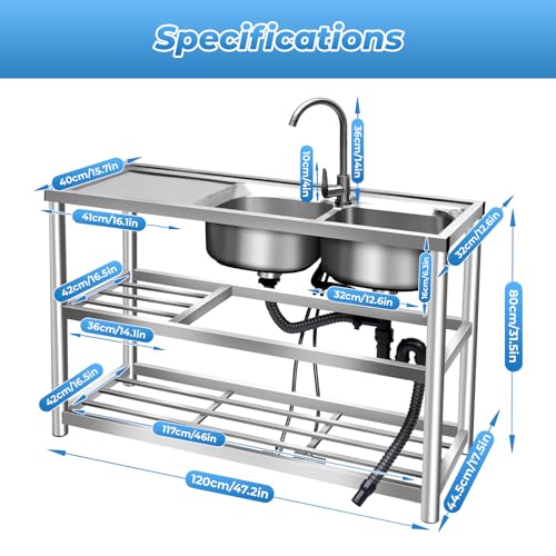 2 Compartment Stainless Steel Commercial Kitchen Utility Sink + Prep Counter Utility Sink Freestanding Stainless Steel Double Bow Kitchen Set