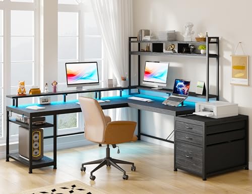 EnHomee Large L Shaped Gaming Desk with Hutch and Drawers, 64" W Reversible Computer Desk with Storage Shelves