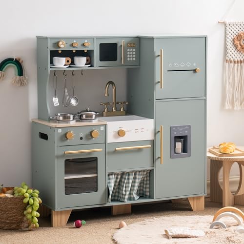 ROBUD Play Kitchen Set, Wooden Play Kitchen with Ice Maker, Fridge, Coffee Machine, Oven, Dishwasher, Microwave, Kitchen Accessories