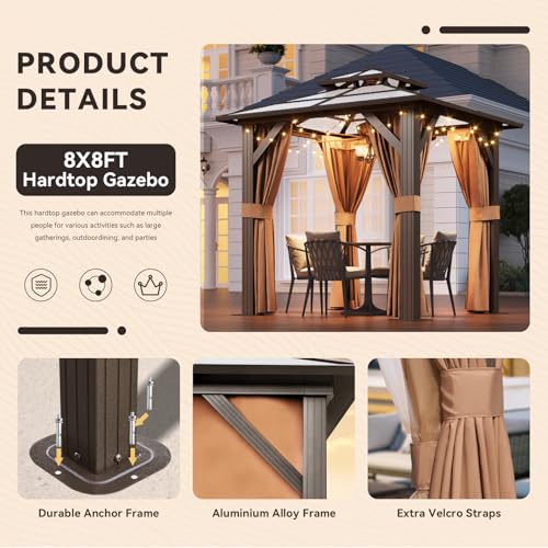 Aoxun 12'x16' Hardtop Gazebo, Aluminum Frame Permanent Pavilion with Netting and Curtains, Outdoor Polycarbonate Double Roof Canopy