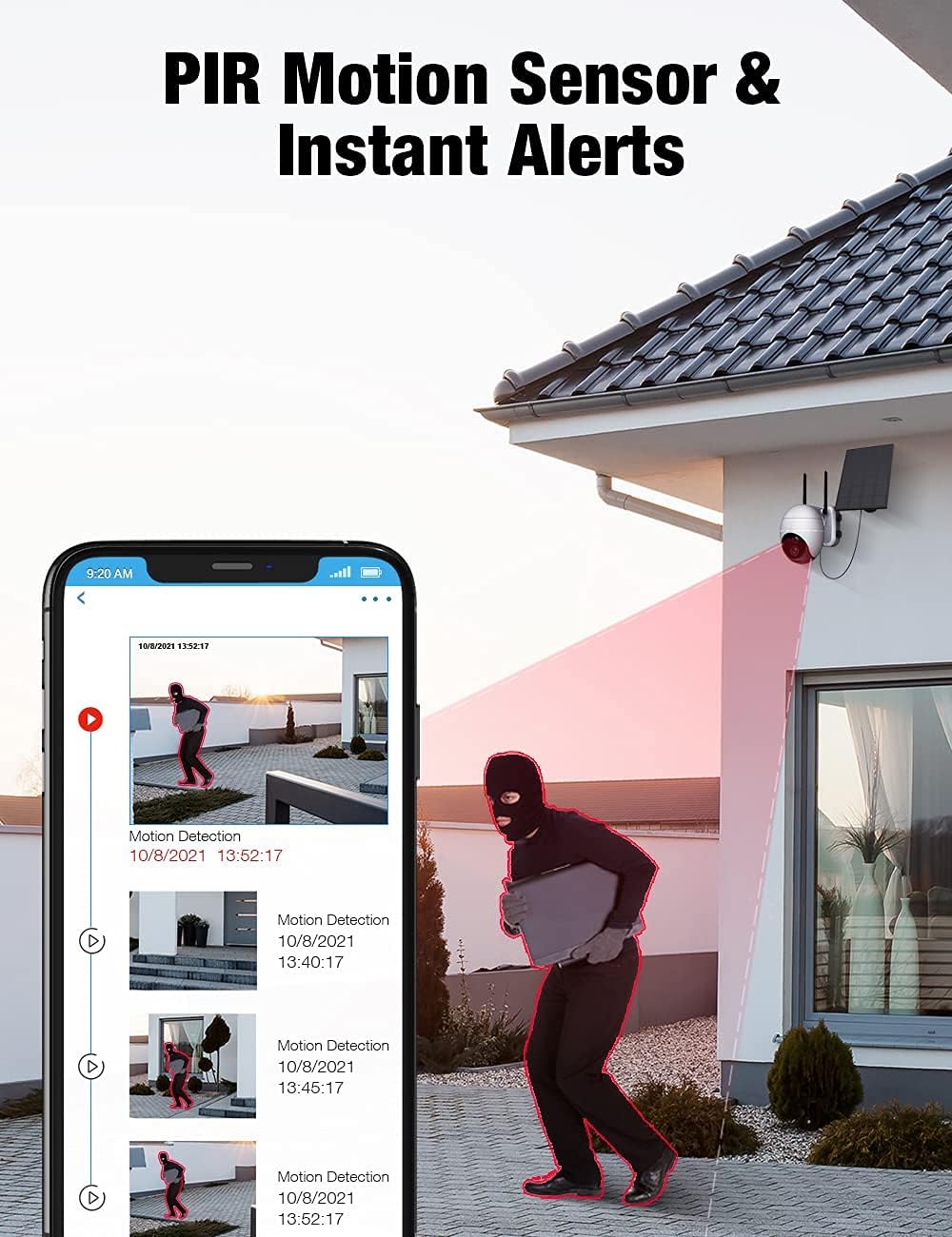 Wireless Security Camera Outdoor, Solar Powered WiFi Cam with 15000mAh Rechargeable Battery, PIR Motion Detection, 355° Rotation, IP65 Waterproof