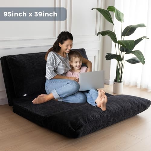 MAXYOYO Bean Bag Bed Folding Sofa Bed Floor Mattress for Adults, Extra Thick and Long Floor Sofa with Corded Washable Cover, Dark Grey, 30x95 Inch