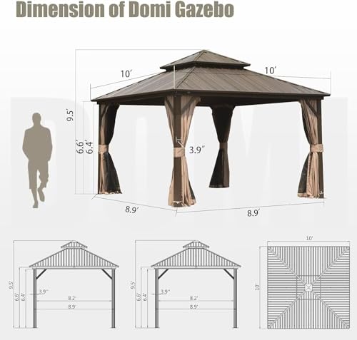 Domi 10’ x 10’ Hardtop Gazebo Metal Frame Canopy with Netting & Curtains