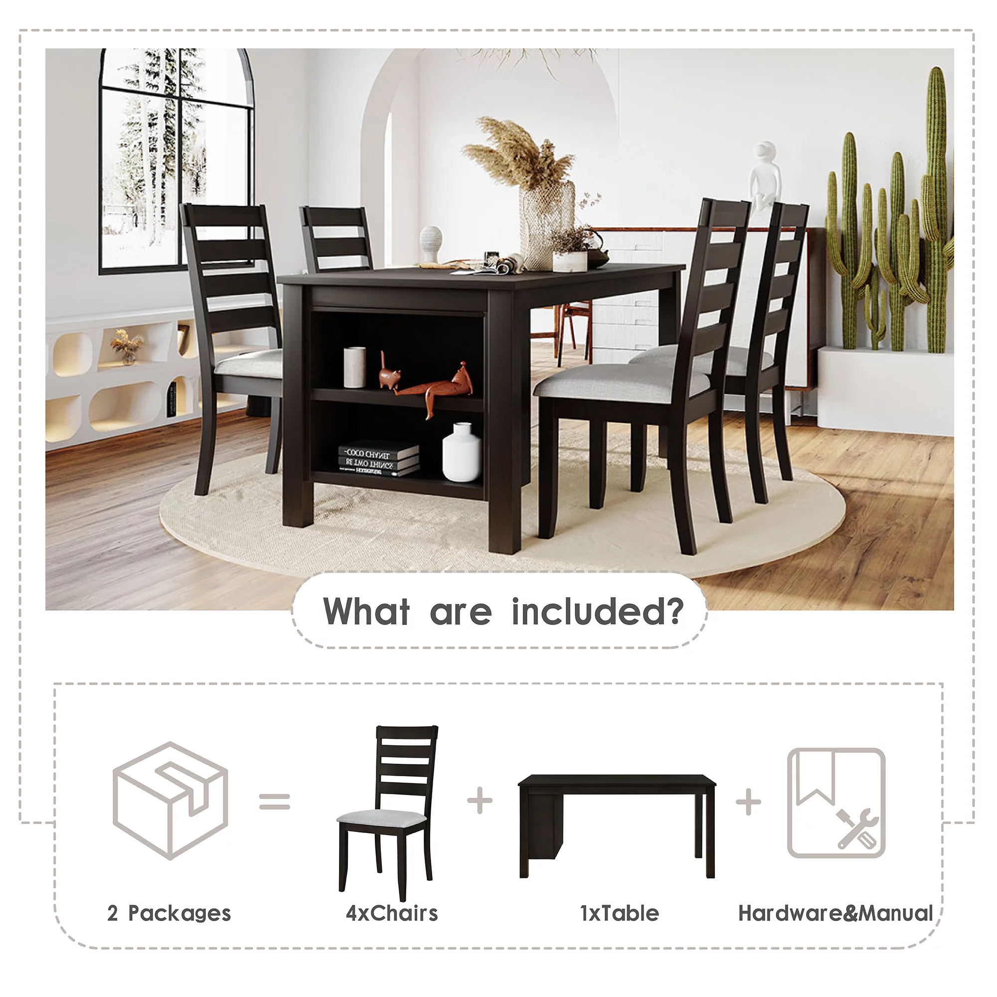 Churanty Farmhouse Wood 5 Pieces Dining Table Set with Storage Shelves,Kitchen Set for 4 with Padded Dining Chairs, Espresso