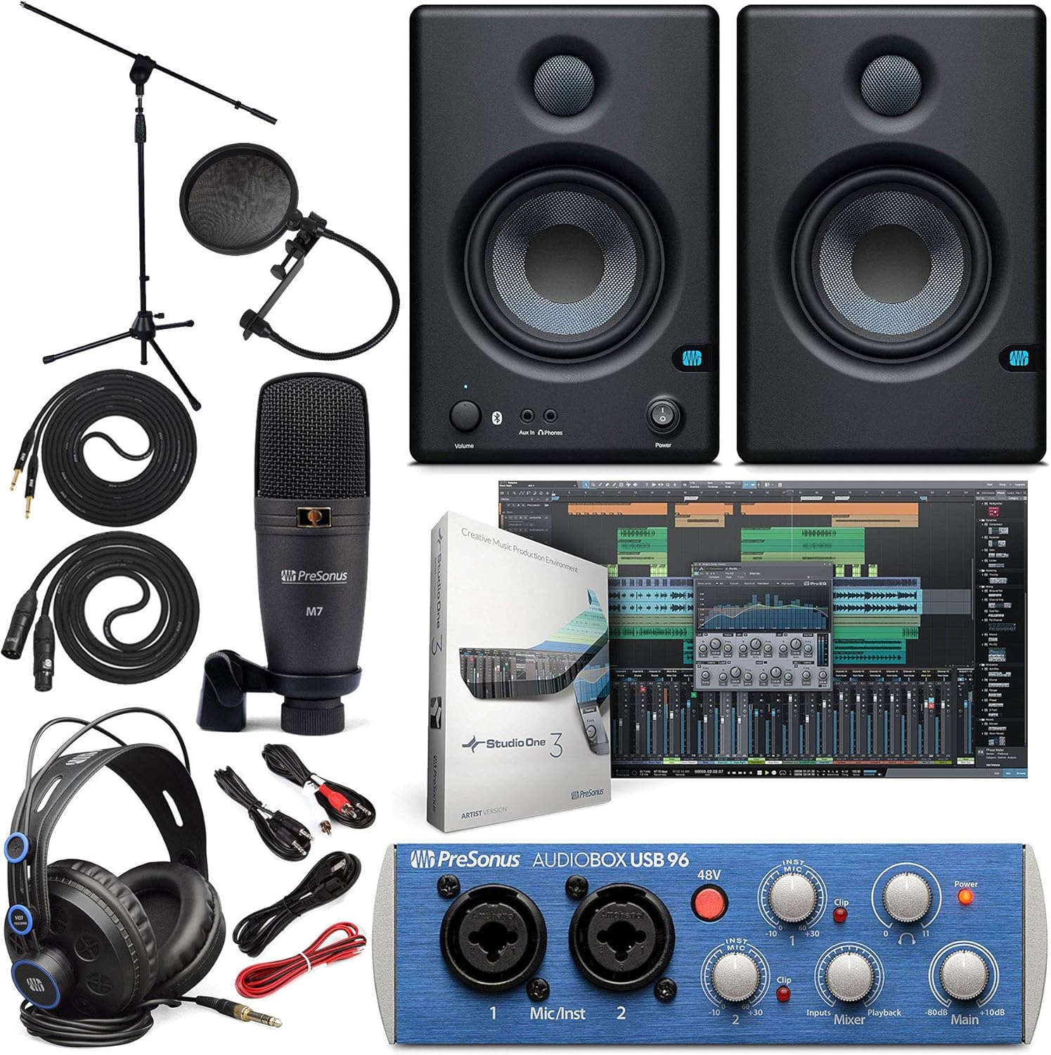 PreSonus AudioBox 96 Audio Interface (May Vary Blue or Black) Full Studio Bundle with Studio One Artist Software Pack with Eris 4.5 BT Pair Studio
