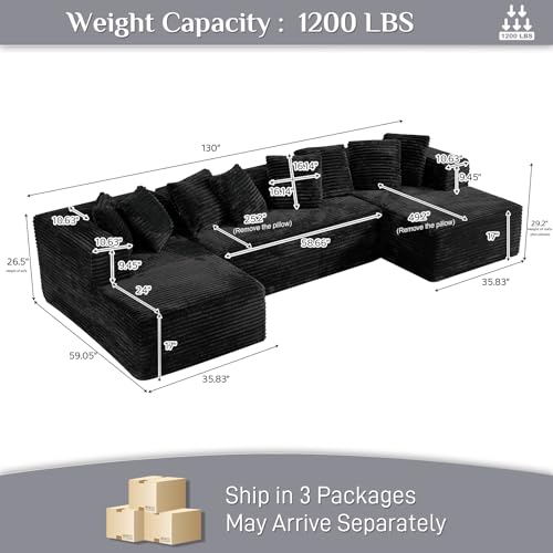 131" Modular Sectional Sofa Cloud Couch, Corduroy Memory Foam Black Sectional Couches for Living Room, Modern Deep Seat Boneless Sofa