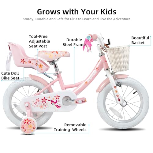 JOYSTAR Unicorn Kids Bike for Girls Ages 2-9 Years Old, 12 14 16 18 Inch Kids Bike with Training Wheels, Doll Seat, Streamers and Basket