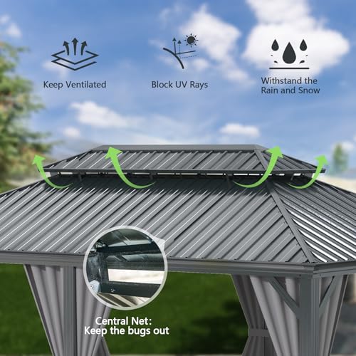 Domi 10’ x 10’ Hardtop Gazebo Metal Frame Canopy with Netting & Curtains