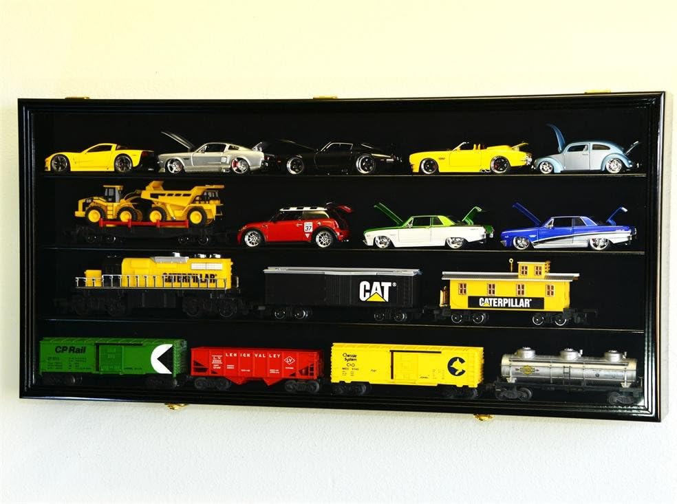O Scale Train Display Case Cabinet Wall Rack w/ UV Protection- Lockable -Black