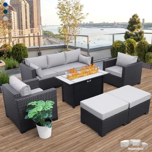 Rattaner Patio Wicker Furniture Set 6 Pieces Outdoor HDPE Wicker Conversation Couch Sectional Chair Sofa Set with Grey Cushions