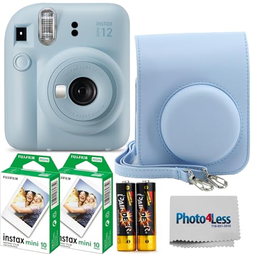 Fujifilm Instax Mini 12 Instant Film Camera Pastel Blue, Fujifilm Instax Mini Twin Pack Instant Film 20 Prints, Protective Case, Gift Bundle