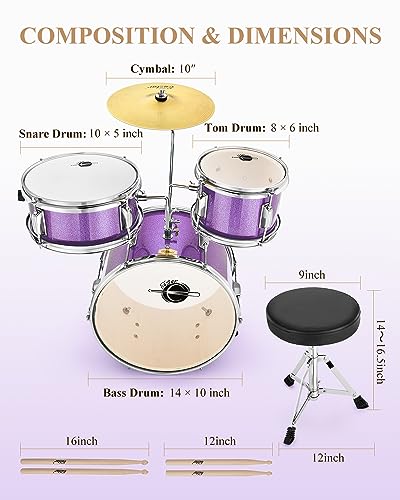 Kids Drum KIt Eastar 3-Piece for Beginners, 14 inch Drum Set with Adjustable Throne, Cymbal, Pedal & Two Pairs of Drumsticks