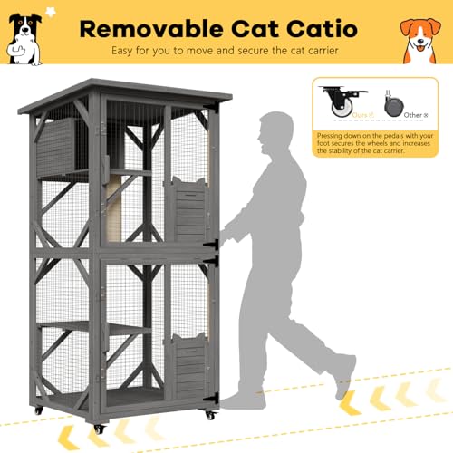 OFIKA Cat House Catio Outdoor Enclosure with Waterproof Roof,71'' cat House & Condos on Wheels for Outdoor Patio,Cat Window Box,Scratching Post（White）