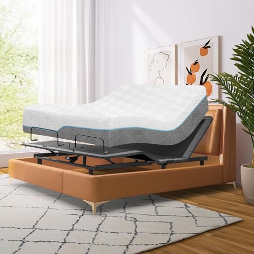 Split King Adjustable Bed Frame with Mattress, 12 Inch Grey Gel Memory Foam Medium-Firm Mattress in Box