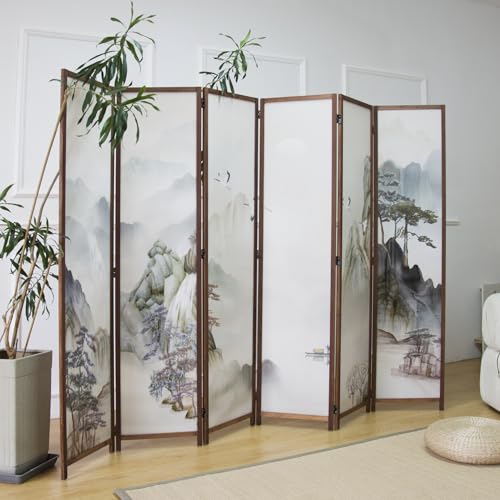 6 Panel Room Divider Screen,Double Faced Room Divider Folding Wall Divider for Room Separation,Mountains and Waters Landscape,67" H x 94.5" W