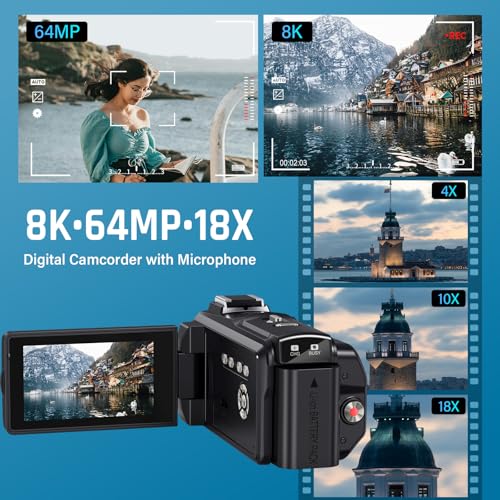 8K 64MP Video Camera Camcorder, 18X Digital Zoom with IR Night Version Vlogging Camera for Youtube, 3.0" IPS Touch Screen with one 4500mAh Battery