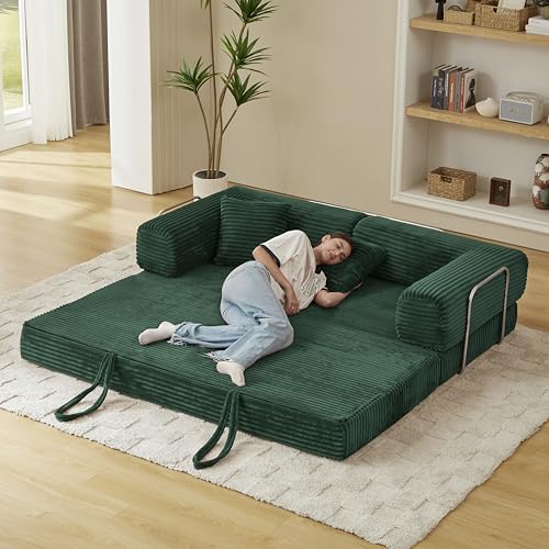 81" Foldable Convertible Sleeper Sofa Bed with Fixed-Shape Frame , Fluffy Corduroy Upholstered Folding Mattress Couch with Cylindrical Pillow
