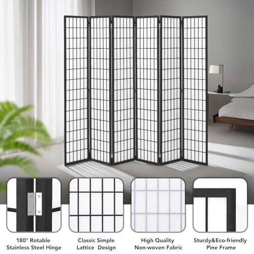 JOSTYLE Room Divider Wall Shoji Screen, 6 Panel Folding Privacy Screen for Room Separation, Japanese Wood Room Divider, 5.9 Ft, Natural