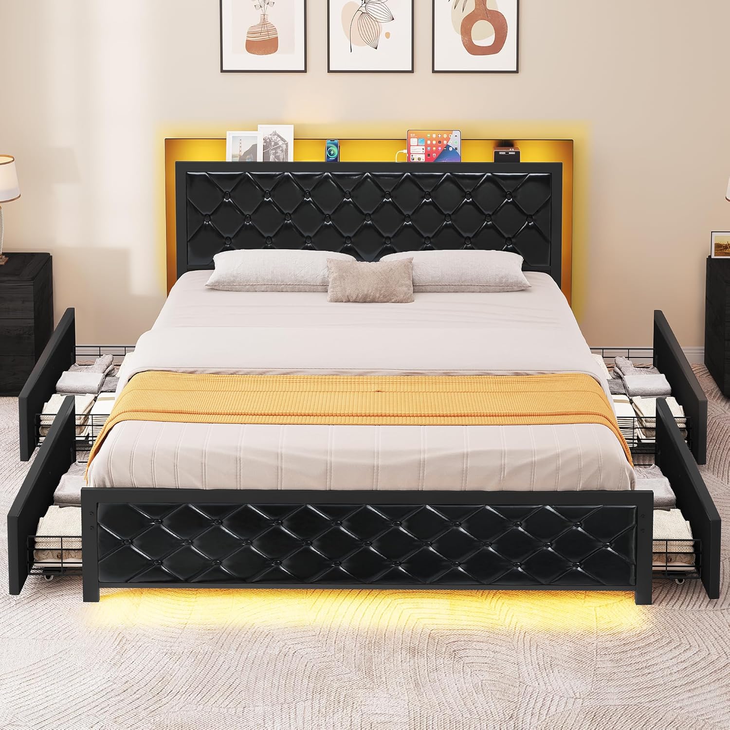YITAHOME Queen Bed Frame with Headboard & 4 Storage Drawers, Modern Upholstered Faux Leather Platform Bed with RGB LED Lights & USB-C Charging Ports