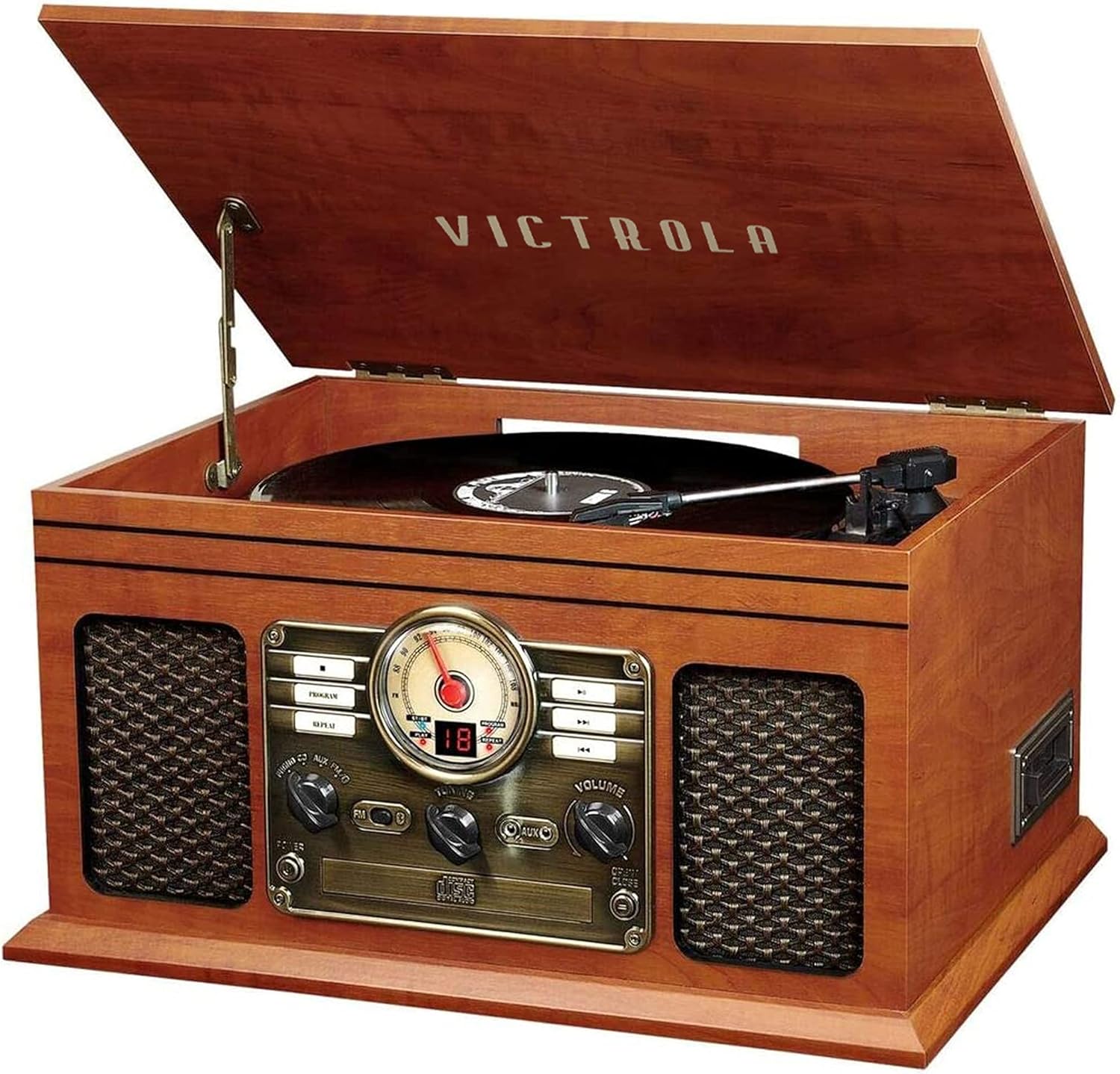 Victrola Nostalgic 6-in-1 Bluetooth Record Player & Multimedia Center + Wooden Stand for Wooden Music Centers with Record Holder Shelf + Wooden
