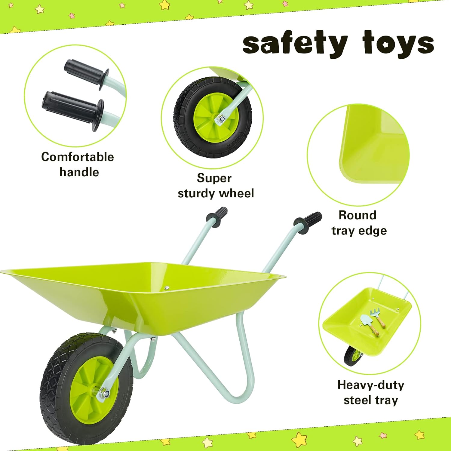 STBoo Kids Wheelbarrow Gardening Tools Set, Metal Child Wheel Barrel with Hand Rake, Shovel, Mini Garden Carts Outdoor Play Yard Work