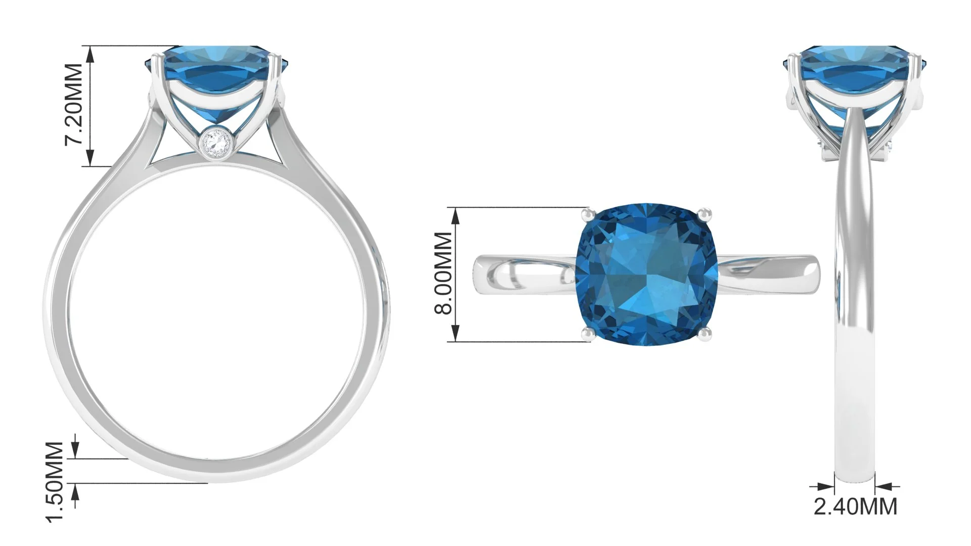 Rosec Jewels - 3 CT London Blue Topaz and Diamond Ring, Blue Topaz Solitaire Ring for Women, 925 Sterling Silver, US 4.00