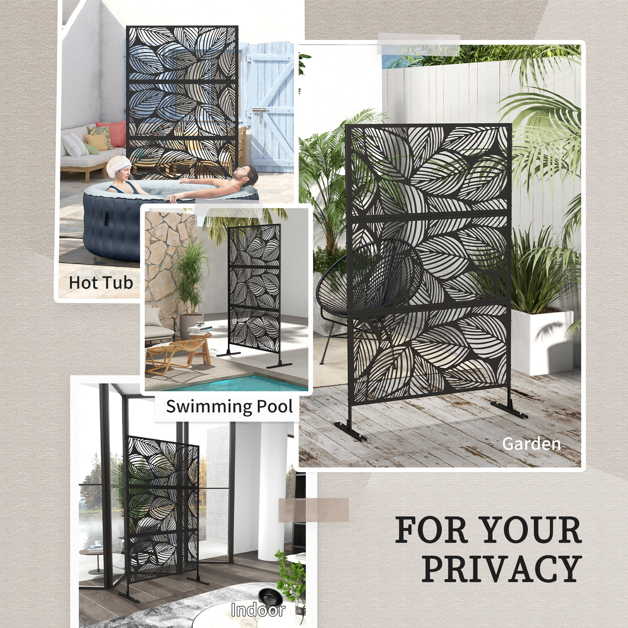 Outsunny Metal Privacy Screen 6.5' Outdoor Divider Leaf Motif, Black