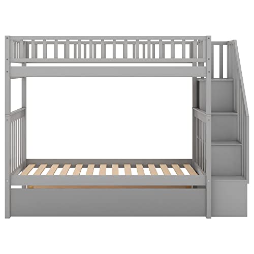 Harper & Bright Designs Bunk Beds Twin Over Full Size, Bunk Bed with Trundle,Storage Shelf and Stairway